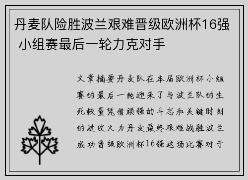 丹麦队险胜波兰艰难晋级欧洲杯16强 小组赛最后一轮力克对手