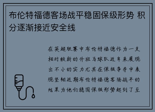 布伦特福德客场战平稳固保级形势 积分逐渐接近安全线