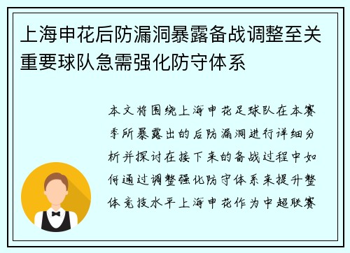 上海申花后防漏洞暴露备战调整至关重要球队急需强化防守体系
