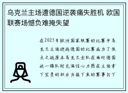 乌克兰主场遭德国逆袭痛失胜机 欧国联赛场憾负难掩失望