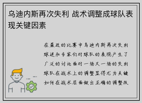 乌迪内斯再次失利 战术调整成球队表现关键因素