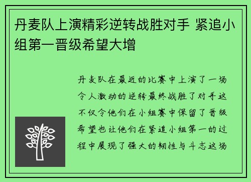 丹麦队上演精彩逆转战胜对手 紧追小组第一晋级希望大增