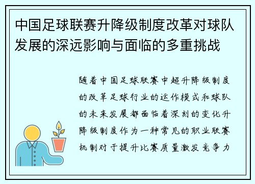 中国足球联赛升降级制度改革对球队发展的深远影响与面临的多重挑战