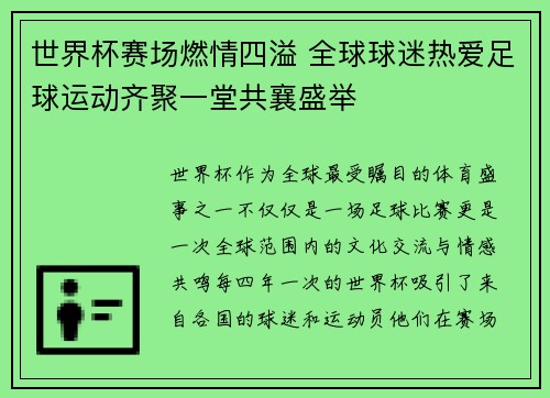 世界杯赛场燃情四溢 全球球迷热爱足球运动齐聚一堂共襄盛举